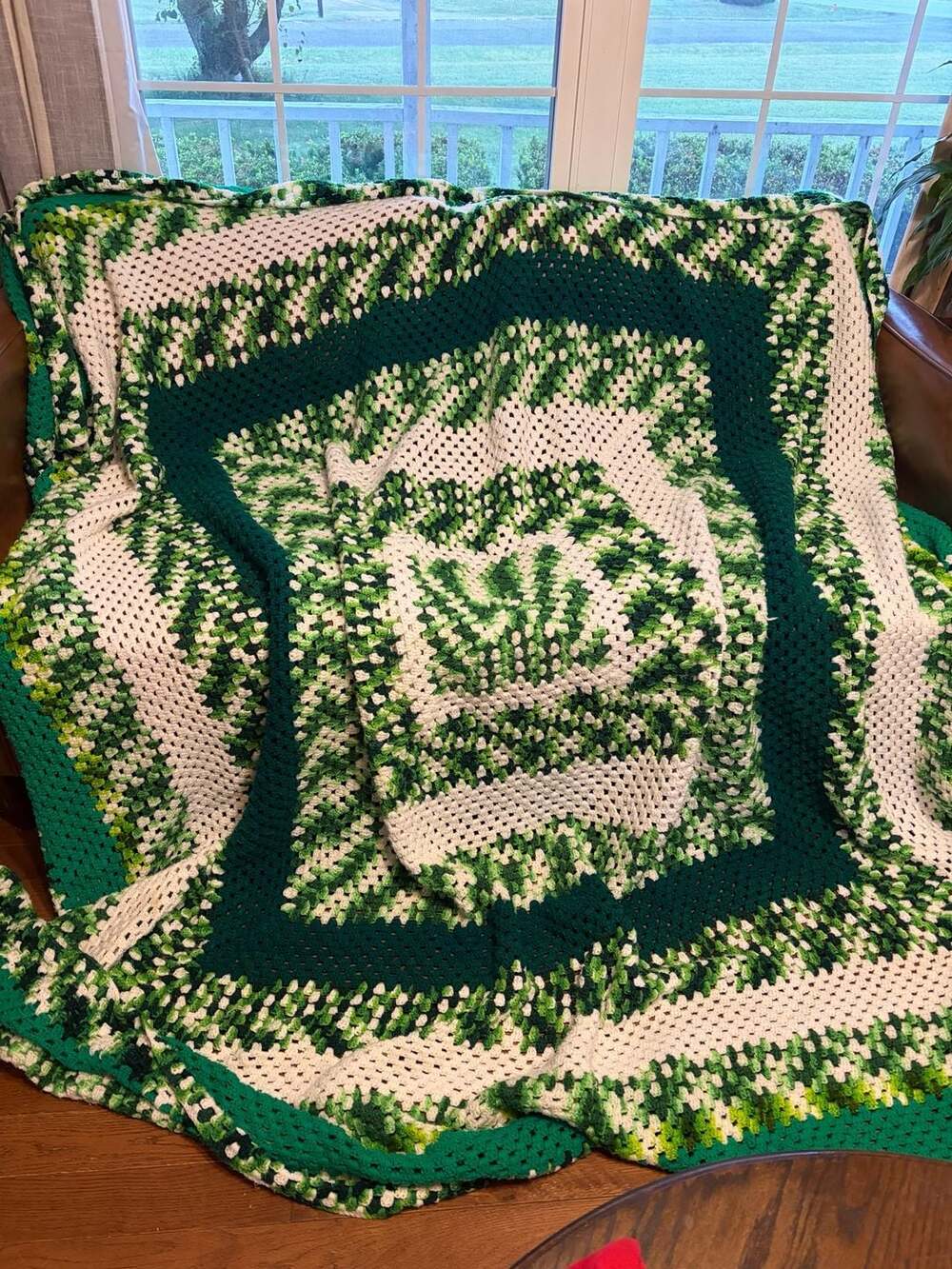Handmade Crochet Afghan Throw Blanket Green White Spiral Pattern